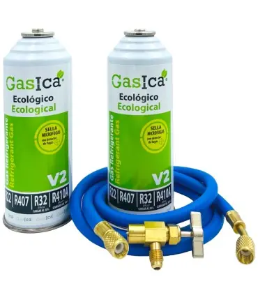 Pack gas refrigerante GASICA V2 - R22-R32-R407-R290-R410A + manguera carga 1/4"x1/4" + válvula Más Vendido