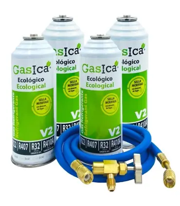 Pack 4 botellas gas refrigerante GASICA V2 - R22-R32-R407-R290-R410A + manguera carga 1/4"x1/4" + válvula Stock Limitado