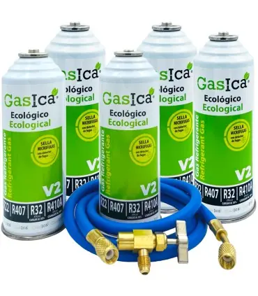 Pack 5 botellas gas refrigerante GASICA V2 - R22-R32-R407-R290-R410A + manguera carga 1/4"x1/4" + válvula Compra Hoy