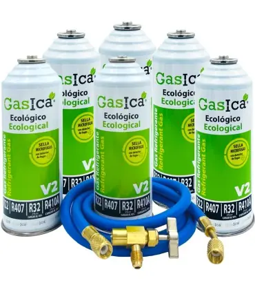 Pack 6 botellas gas refrigerante GASICA V2 - R22-R32-R407-R290-R410A + manguera carga 1/4"x1/4" + válvula Más Vendido