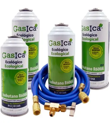 Pack 4 botellas gas refrigerante GASICA D2 - R12 R134a + manguera carga 1/4"x1/4" + válvula Mejor Precio