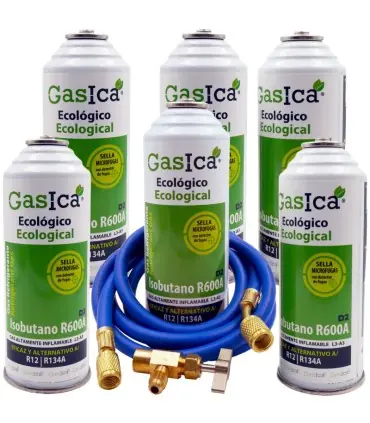 Ordena Ya Pack 6 botellas gas refrigerante GASICA D2 - R12 R134a + manguera carga 5/16"x1/4" + válvula