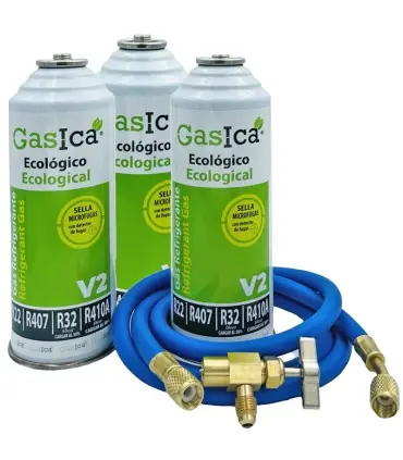 Pack 3 botellas gas refrigerante GASICA V2 - R22 R32 R407 R290 R410A + manguera carga 5/16"x1/4" + válvula Oferta