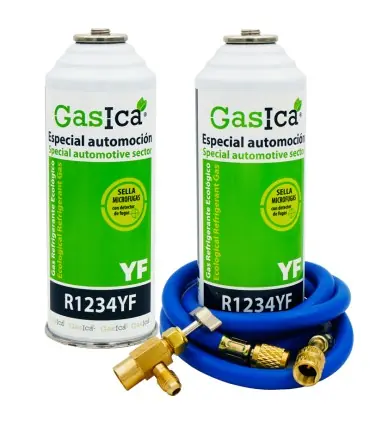 Promoción Exclusiva Pack gas refrigerante ecológico GASICA YF - R1234yf + manguera carga 1/4"x1/4" + válvula